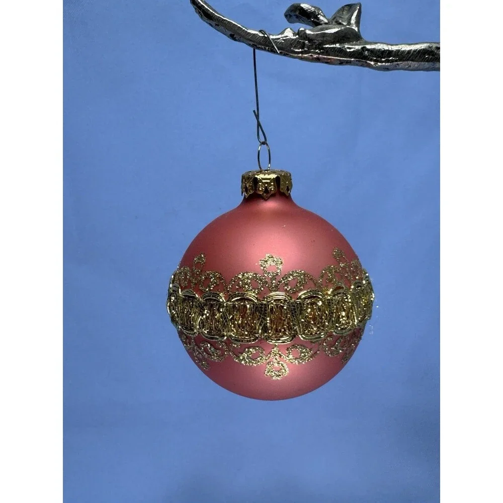 VTG Victoria Collection Christmas Ornaments  4 Pink Glass Gold Glitter
